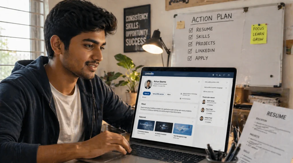 fresher working on linkedin resume laptop