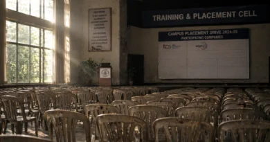 empty college placement hall with chairs and notice board india
