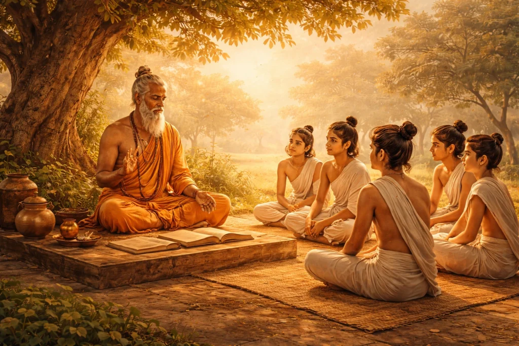 Ancient Indian teacher teaching students in a gurukul under a tree in soft morning light