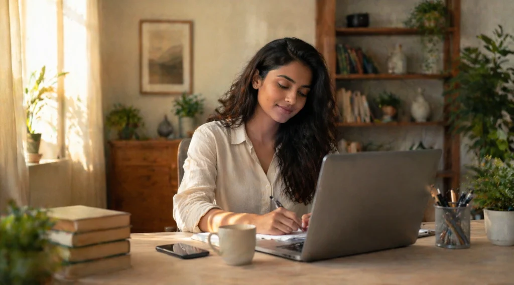 Indian woman working calmly at home desk showing healthy work life boundaries