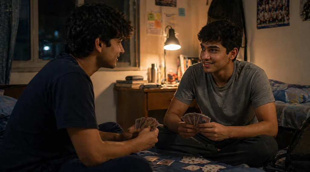 दो युवा छात्र hostel कमरे में पहली रात ताश खेलते हुए, नई दोस्ती की शुरुआत