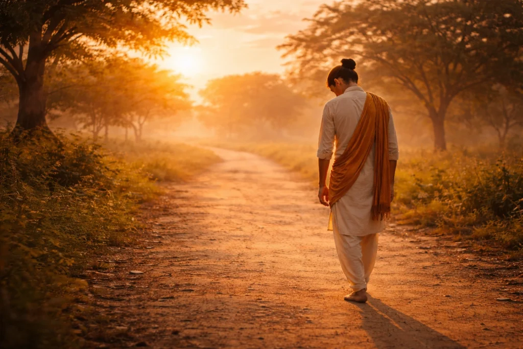 Person walking alone on a path at sunset with head slightly bowed, symbolizing reflection and humility