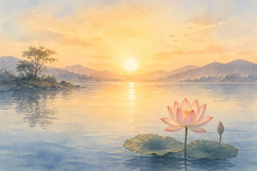 lotus sunrise calm water ikigai peaceful meaning