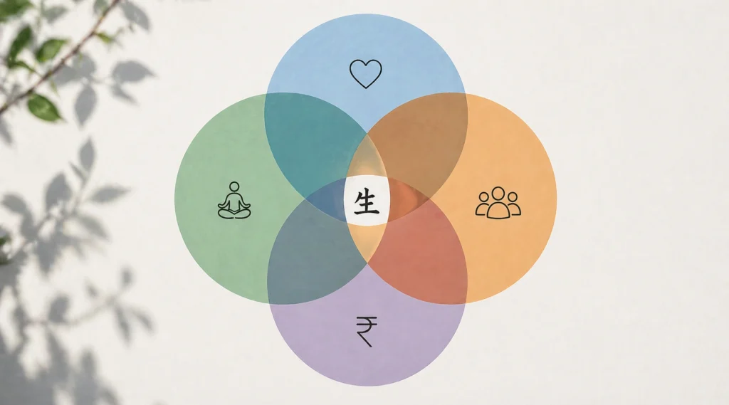 Ikigai venn diagram four circles realistic concept