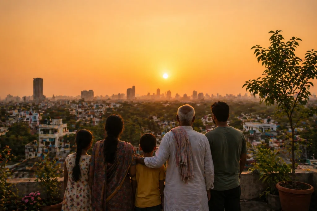 family looking at city sunset climate change future india heatwave