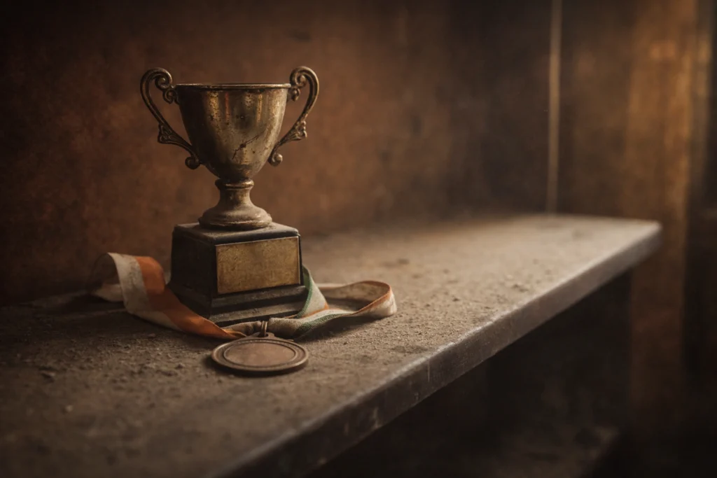 Dusty sports trophy and medal on a shelf symbolizing forgotten recognition