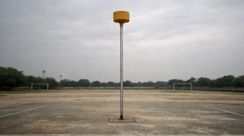 Empty korfball post on a quiet outdoor ground under an overcast sky in India