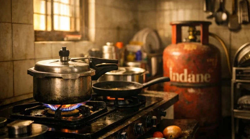Indian kitchen with LPG cylinder and cooking stove showing impact of rising gas prices in India