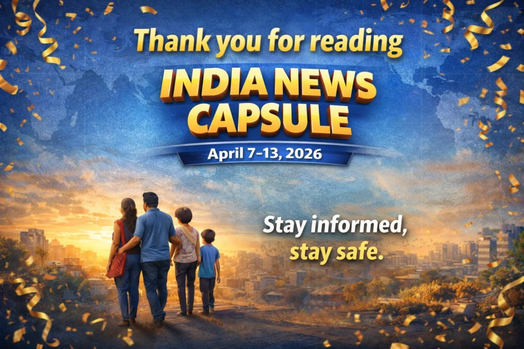 India News Capsule April 7-13 2026 closing image showing family overlooking city with stay informed stay safe message