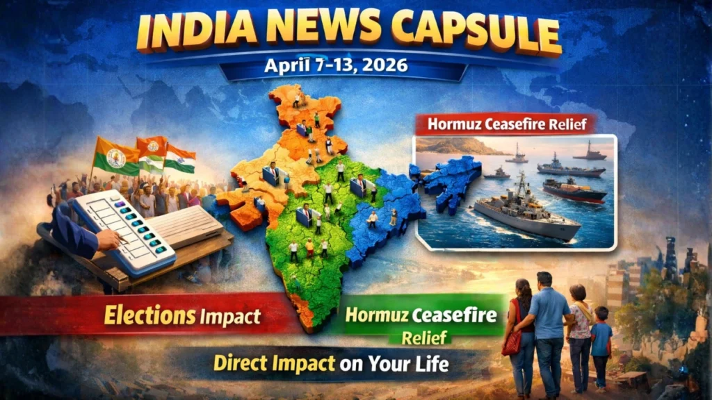 India News Capsule April 7-13 2026 with India map highlighting elections and Hormuz ceasefire impact