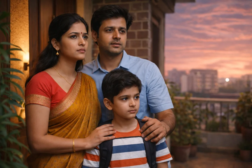 Indian family looking ahead concerned about rising costs and future household expenses