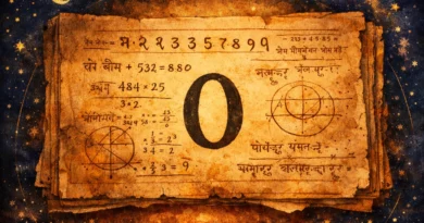 Ancient Indian manuscript showing zero symbol and Sanskrit mathematical notations