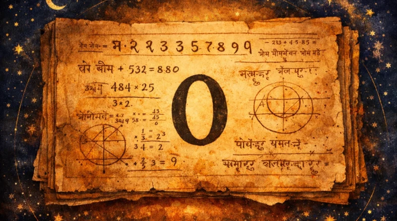 Ancient Indian manuscript showing zero symbol and Sanskrit mathematical notations