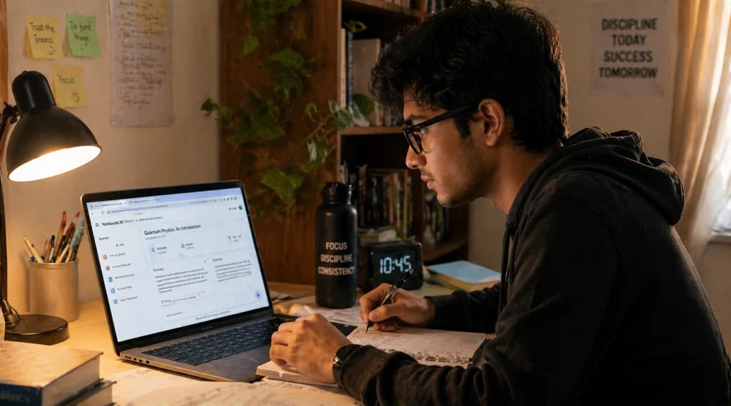 Focused student studying with NotebookLM on laptop in a quiet environment