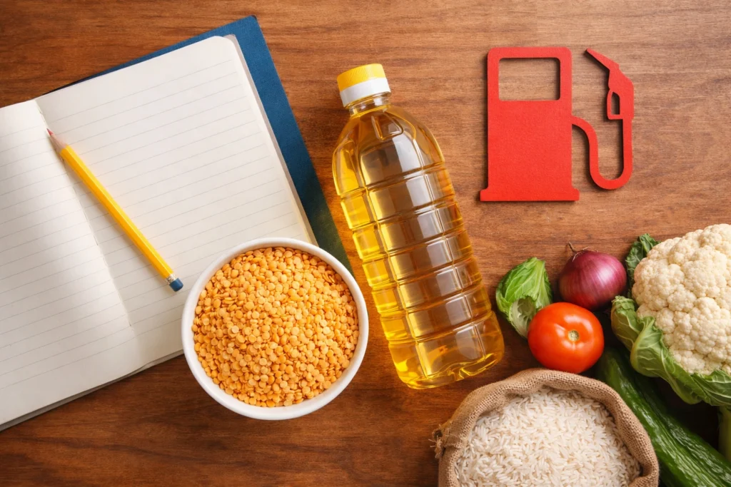 Indian household essentials including dal oil notebook and fuel concept showing inflation impact