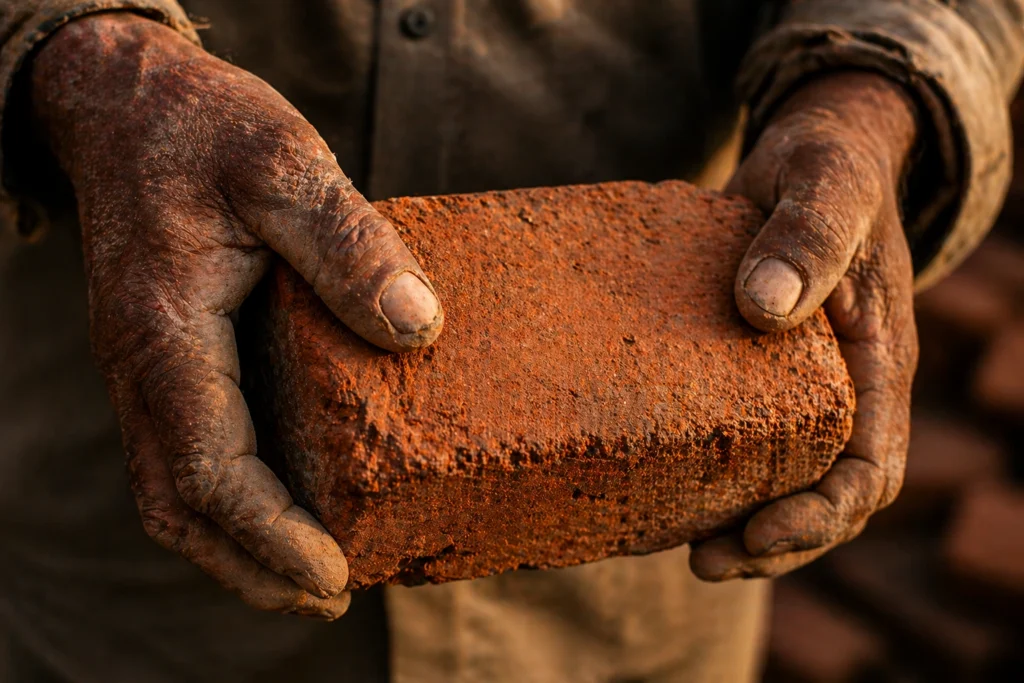 construction worker hands holding brick close up labour dignity india