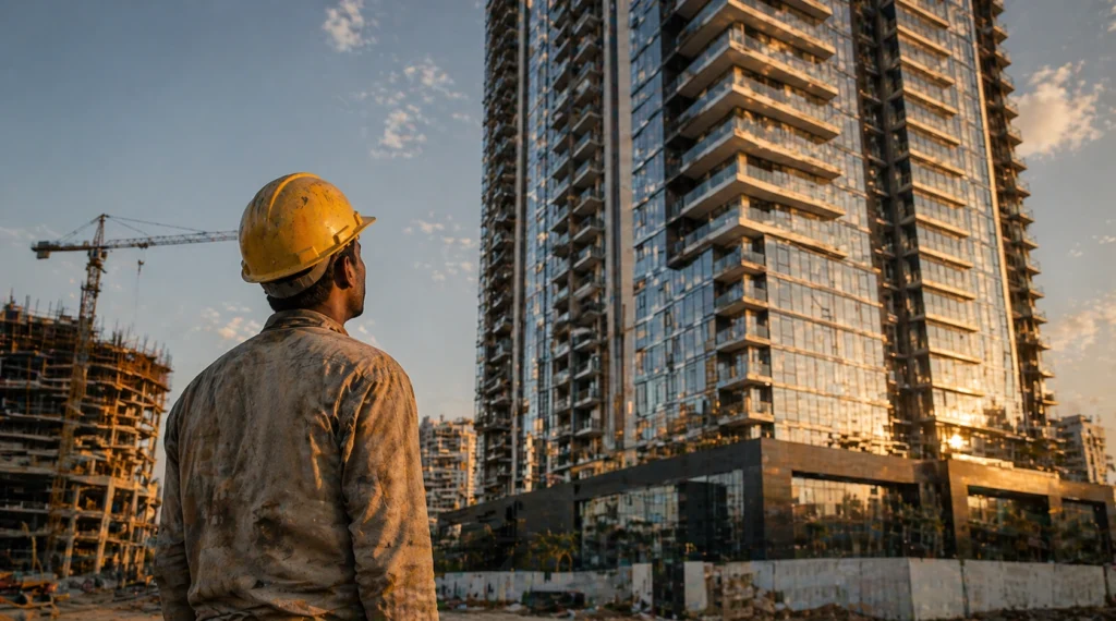 construction worker looking at luxury apartment building he built india irony housing