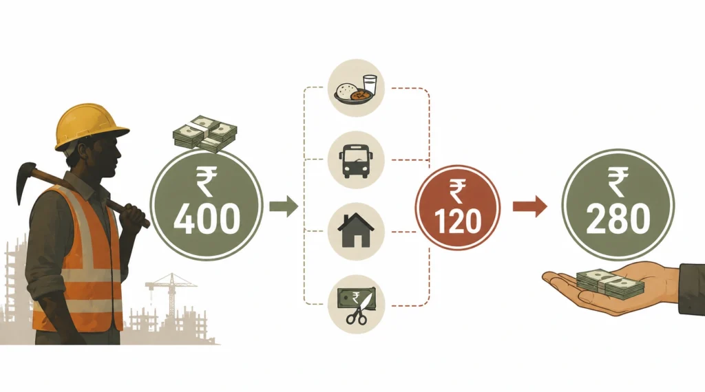 construction worker daily wage breakdown india ₹400 ₹120 deduction ₹280 take home