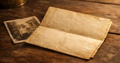 A yellowed handwritten letter on an old wooden surface beside a faded photograph in warm nostalgic light