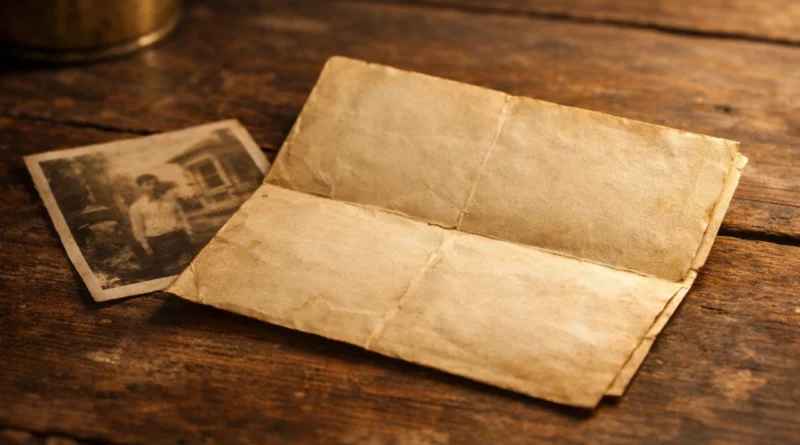 A yellowed handwritten letter on an old wooden surface beside a faded photograph in warm nostalgic light