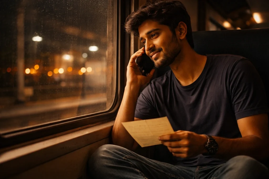 A young Indian man sitting by a train window at night holding a letter and talking on the phone with a gentle emotional smile