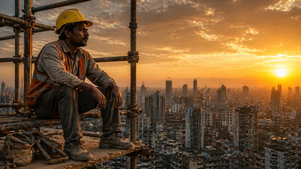 dihaadi mazdoor construction worker sitting on scaffolding city skyline sunset India