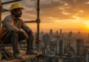dihaadi mazdoor construction worker sitting on scaffolding city skyline sunset India