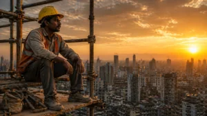 dihaadi mazdoor construction worker sitting on scaffolding city skyline sunset India