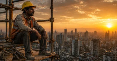 dihaadi mazdoor construction worker sitting on scaffolding city skyline sunset India