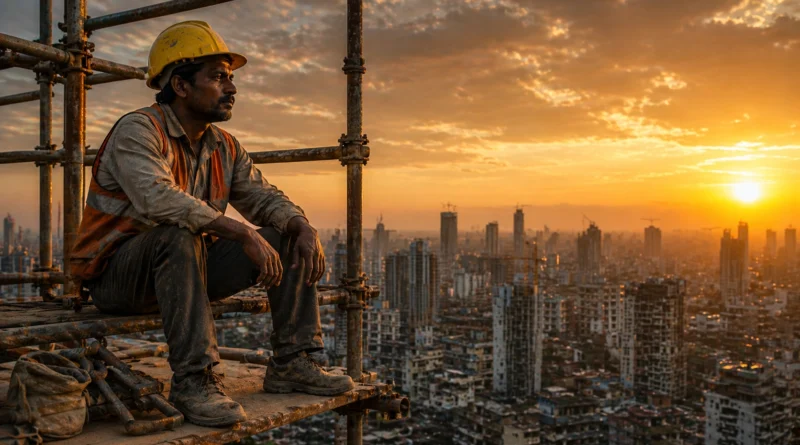 dihaadi mazdoor construction worker sitting on scaffolding city skyline sunset India