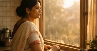 A middle-aged Indian woman in a saree standing by a kitchen window, looking outside in soft morning light with a calm, reflective expression