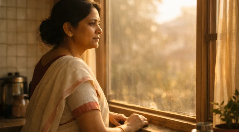 A middle-aged Indian woman in a saree standing by a kitchen window, looking outside in soft morning light with a calm, reflective expression
