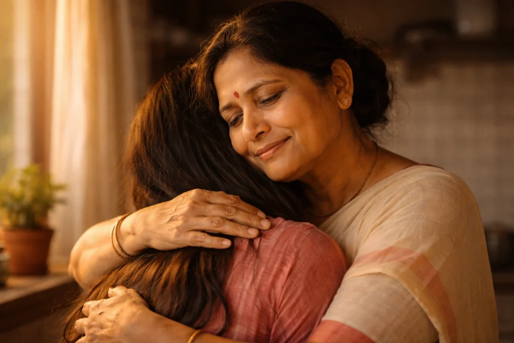 An emotional moment of a middle-aged Indian mother hugging her daughter warmly, expressing silent love and understanding
