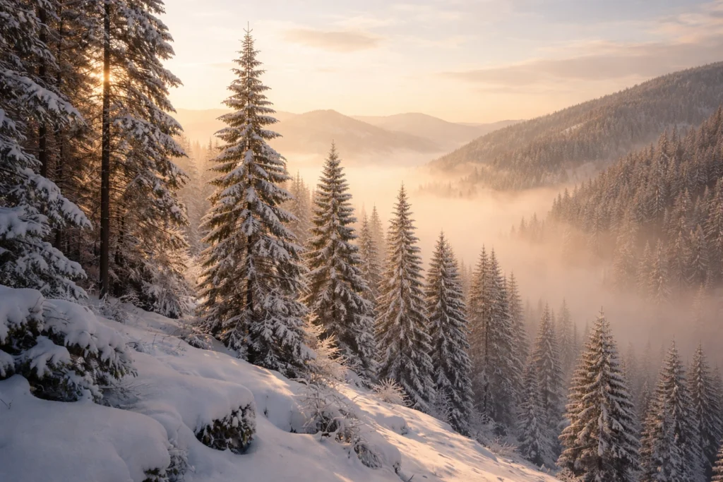 Snow-dusted pine trees on a hillside in early morning light with soft mist in the valley, peaceful and still