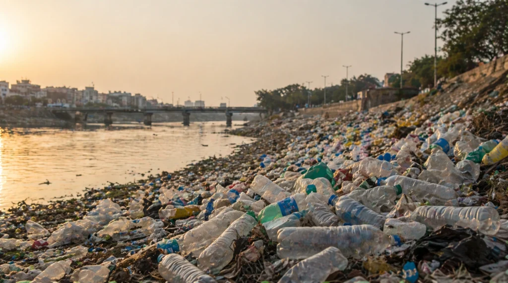 plastic water bottles waste near river India environmental pollution