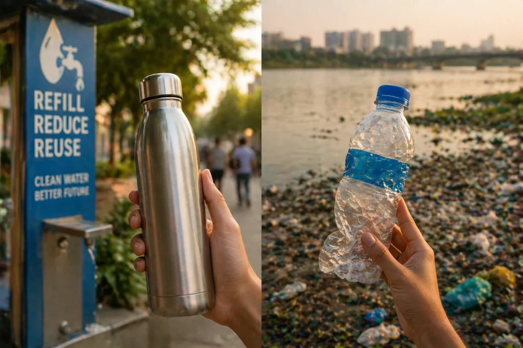 refill steel bottle vs plastic bottle waste India sustainability choice