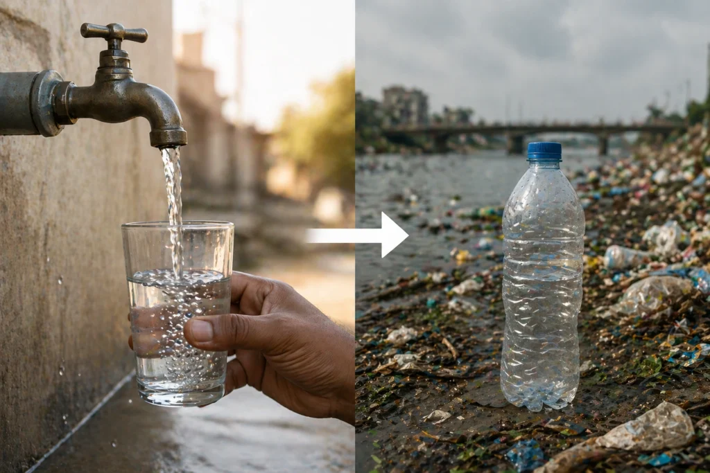 tap water glass vs plastic bottle waste India comparison