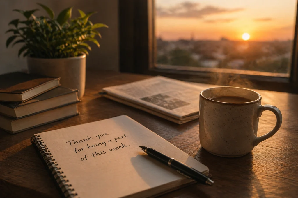 Warm sunset desk scene with chai cup, notebook and thank you note representing end of weekly news roundup