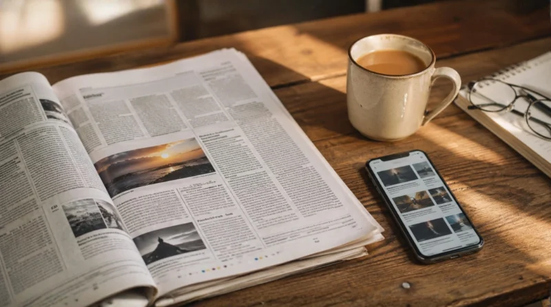 Weekly news roundup with newspaper, smartphone news app, and chai cup on wooden desk in warm morning light