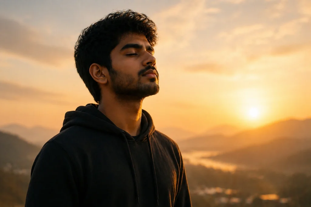 calm confident person at sunrise representing self control and inner peace