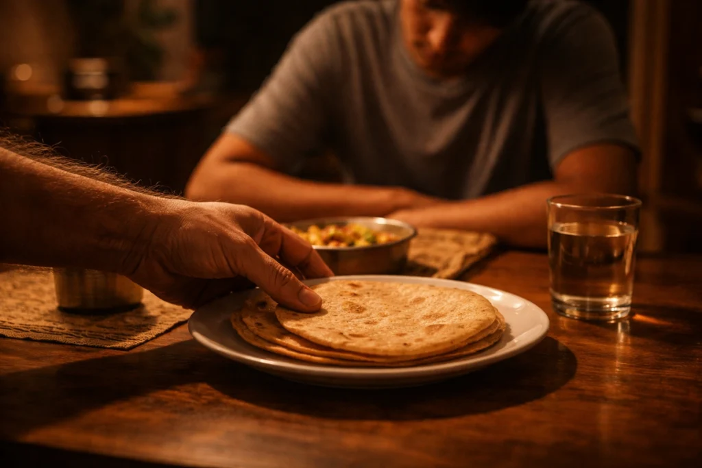 father placing roti on son's plate showing silent support and love