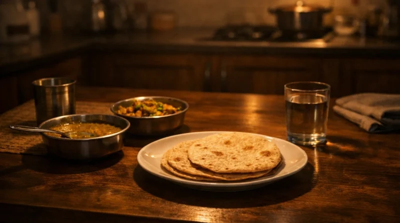 indian dining table with dal sabzi and two rotis showing silent family love