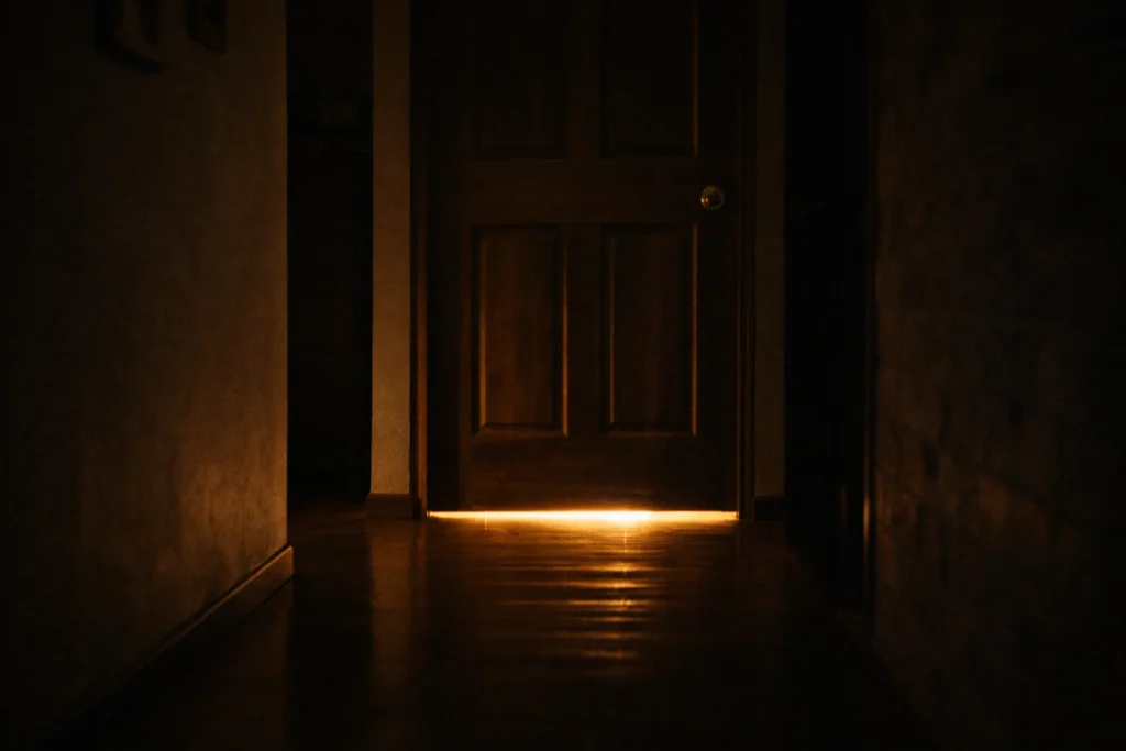 closed bedroom door at night with light underneath showing emotional silence