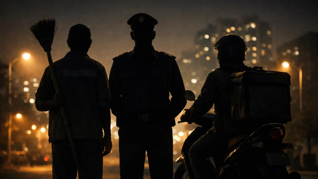 India में invisible workers — safai karamchari, security guard और delivery rider — शहर की रात में silhouettes