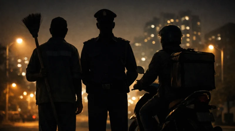 India में invisible workers — safai karamchari, security guard और delivery rider — शहर की रात में silhouettes