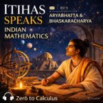 Podcast cover showing Aryabhatta in an ancient observatory studying stars and mathematics