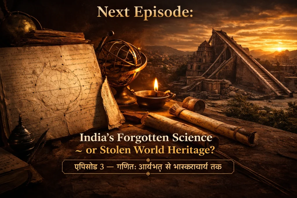Ancient Indian scientific manuscripts and instruments with observatory symbolizing upcoming episode on mathematics and astronomy