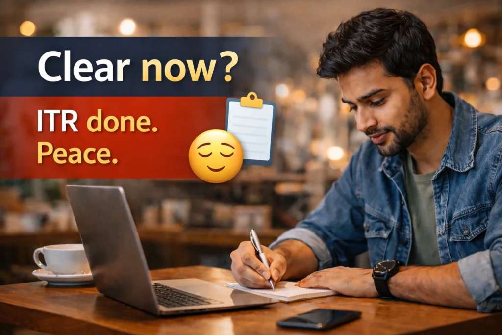Young man calmly writing after completing tax filing at laptop