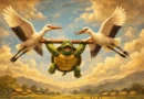 कछुआ दो बगुलों के साथ लकड़ी पकड़े आसमान में उड़ता हुआ पंचतंत्र दृश्य