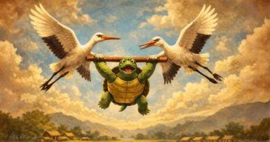 कछुआ दो बगुलों के साथ लकड़ी पकड़े आसमान में उड़ता हुआ पंचतंत्र दृश्य